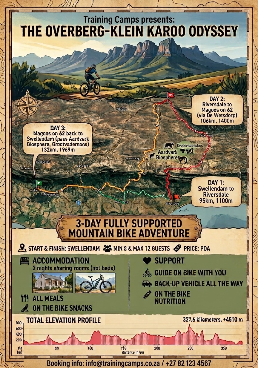 Overberg Klein-Karoo Odyssey route map with three daily stages from Swellendam to Riversdale, Magoos on 62 and back, plus support details and elevation profile